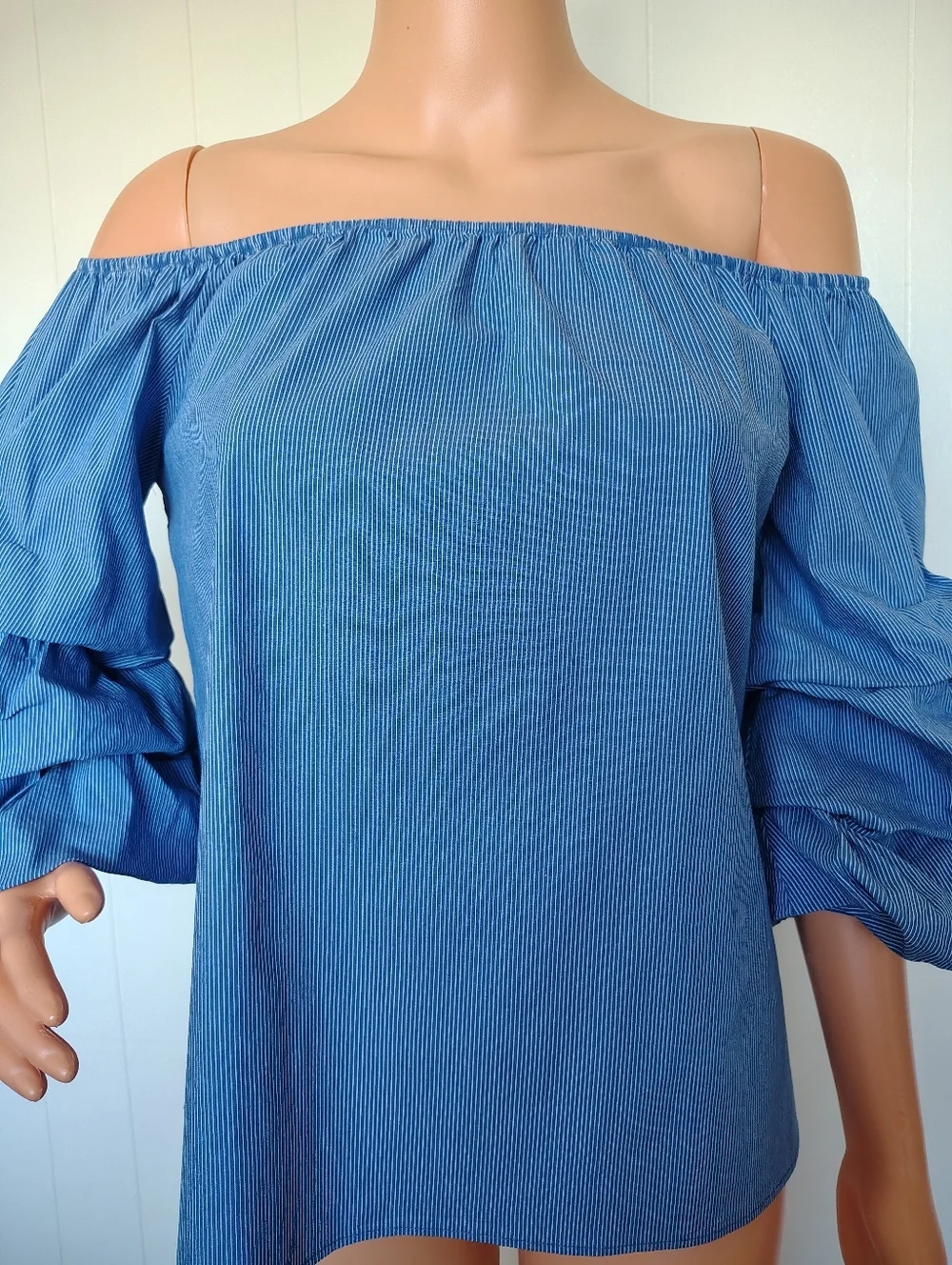 Zara Blue Striped Off-Shoulder Puff Sleeve Top Size S.